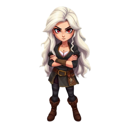 young woman,curvy body,pirate clothes,long white wavy messy hair,serious look,red eyes, crossed arms,looking at viewer 