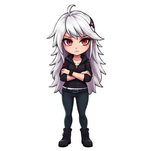 young woman,curvy body,cyberpunk,long white wavy messy hair,serious look,red eyes, crossed arms,looking at viewer,big white eyelashes