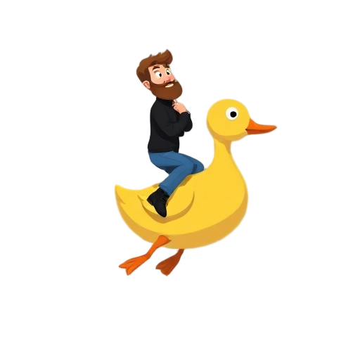yellow duck mount in 3/4 view facing right, shaded body, white eye, orange beak (ship-like flying), rounded duck, legs near the body. rider is a bearded man with brown hair, black shirt, blue pants, black shoes, holding neck. (retro game inspiration) flyi