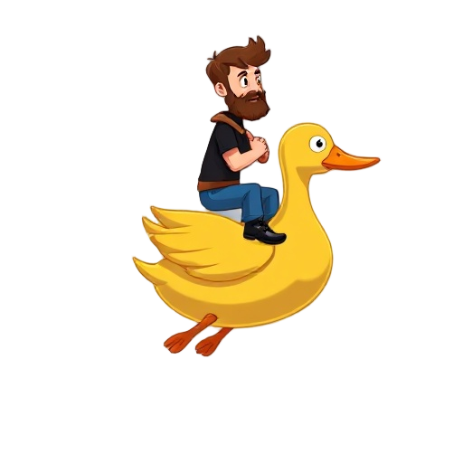 yellow duck mount in 3/4 view facing right, shaded body, white eye, orange beak (ship-like flying), rounded duck, legs near the body. rider is a bearded man with brown hair, black shirt, blue pants, black shoes, holding neck. (retro game inspiration) flyi