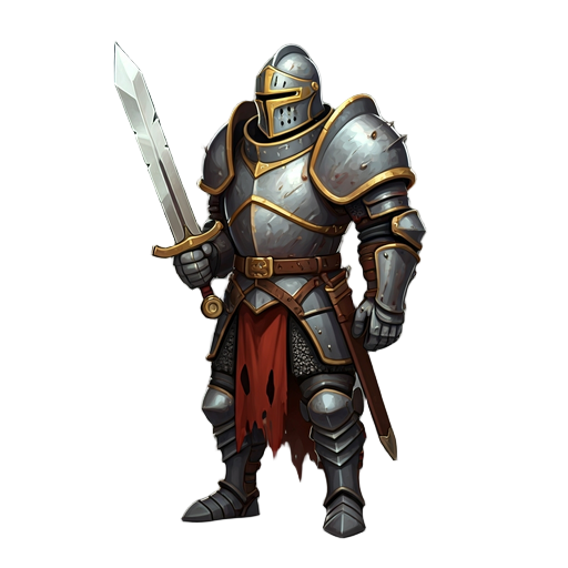 a knight in war-torn plate armor wielding a sword, 