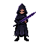 a dark, void themed rogue with a long cloak and hood. he is holding a dark, purple-hued sword with dark smoke rising off of it.