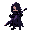 a dark, void themed rogue with a long cloak and hood. he is holding a dark, purple-hued sword with dark smoke rising off of it.
