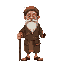 an old man in javanese lurik clothing, wearing a blangkon and a white beard and using a stick