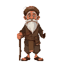 an old man in javanese lurik clothing, wearing a blangkon and a white beard and using a stick
