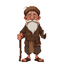 an old man in javanese lurik clothing, wearing a blangkon and a white beard and using a stick