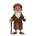 an old man in javanese lurik clothing, wearing a blangkon and a white beard and using a stick
