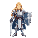 medieval knight standing in a neutral pose, without helmet, showing long flowing blond hair. he wears a shiny silver plate armor with blue fabric accents, and holds a large sword in one hand and a broad shield in the other. the armor reflects light subtly