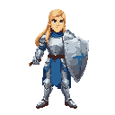 medieval knight standing in a neutral pose, without helmet, showing long flowing blond hair. he wears a shiny silver plate armor with blue fabric accents, and holds a large sword in one hand and a broad shield in the other. the armor reflects light subtly