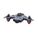 a small flying combat drone in a neutral hovering pose. the design is compact and symmetrical, with metallic gray armor and glowing red or orange sensors. it features small thrusters or propellers for flight and a visible built-in weapon system (like smal