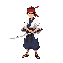 samurai warrior standing in a neutral pose, wearing a traditional kimono — upper part white and lower part dark blue — with a red headband tied around his forehead. he holds a very long katana (nagakiba) with both hands, the blade shining slightly