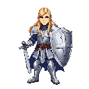medieval knight standing in a neutral pose, without helmet, showing long flowing blond hair. he wears a shiny silver plate armor with blue fabric accents, and holds a large sword in one hand and a broad shield in the other. the armor reflects light subtly