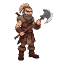 a barbarian warrior standing in a neutral pose, holding a massive two-handed battle axe resting on the ground. he wears traditional leather and fur garments inspired by ancient hungarian and mongolian barbarians — layered brown and tan leathers, fur-lined