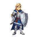 medieval knight standing in a neutral pose, without helmet, showing long flowing blond hair. he wears a shiny silver plate armor with blue fabric accents, and holds a large sword in one hand and a broad shield in the other. the armor reflects light subtly