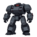 a large humanoid tank robot standing in a neutral pose. the design is bulky and heavily armored, with thick steel plating, reinforced joints, and visible hydraulics. its color palette combines dark gray metals with faint red or orange lights to match othe