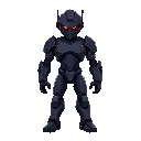 a humanoid robot standing in a neutral pose, designed to look menacing but not monstrous. its body is made of dark metallic armor plates with glowing red or orange details in the eyes or joints, giving a subtle sense of danger. the design is sleek and fun