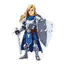 medieval knight standing in a neutral pose, without helmet, showing long flowing blond hair. he wears a shiny silver plate armor with blue fabric accents, and holds a large sword in one hand and a broad shield in the other. the armor reflects light subtly