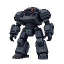 a large humanoid tank robot standing in a neutral pose. the design is bulky and heavily armored, with thick steel plating, reinforced joints, and visible hydraulics. its color palette combines dark gray metals with faint red or orange lights to match othe