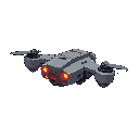a small flying combat drone in a neutral hovering pose. the design is compact and symmetrical, with metallic gray armor and glowing red or orange sensors. it features small thrusters or propellers for flight and a visible built-in weapon system (like smal