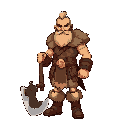 a barbarian warrior standing in a neutral pose, holding a massive two-handed battle axe resting on the ground. he wears traditional leather and fur garments inspired by ancient hungarian and mongolian barbarians — layered brown and tan leathers, fur-lined