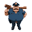 fat police officer with a cartoonishly large club and mustache. he is evil looking like a video game boss.