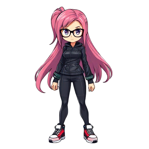 anime character, female, glasses, fighter, leather suit, long pink hair, sport shoes.