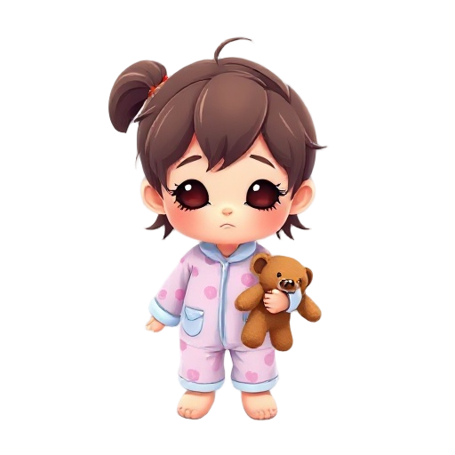 a small, adorable girl wearing pastel pink and blue pajamas, holding a worn-out brown teddy bear in one hand. she has messy hair, sleepy eyes, and a soft, innocent expression. the setting is cozy, pos