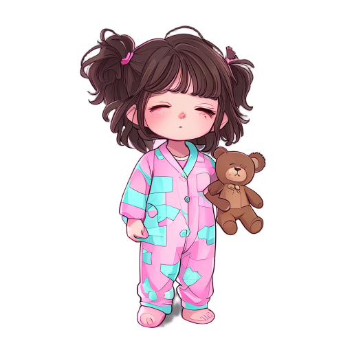 a small, adorable girl wearing pastel pink and blue pajamas, holding a worn-out brown teddy bear in one hand. she has messy hair, sleepy eyes, and a soft, innocent expression. the setting is cozy, pos