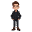 a guy with a black jacket and dark blue shirt and brown shoes and brown hair casual dress and handsome