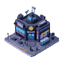 generate a cyberpunk police station for city builder simulation game, it should be colorful like cyberpunk distopia