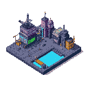 generate a cyberpunk dock for city builder simulation game, it should be colorful like cyberpunk distopia