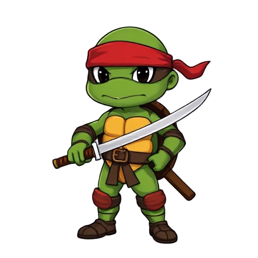 the ninja turtle has a katana in his hand. side view.