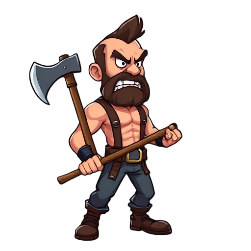 a man holding an axe, looking fierce and angry, seen from the side