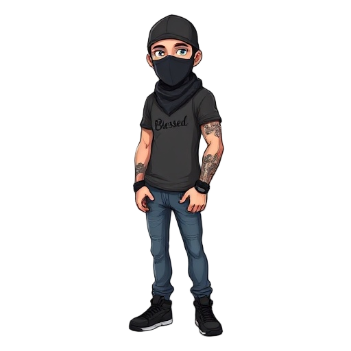 joven 15 años unico tatuaje en la mano derecha que dice blessed by god . capucha negra balaclava camisa reebok zapatos negros jeans negros y gorra reebok color de piel blanca