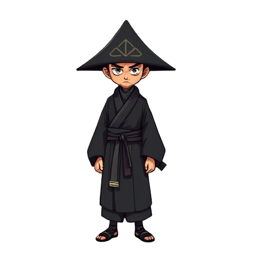 a tall old style shinobi wearing full black kimono with a triangle hat 
