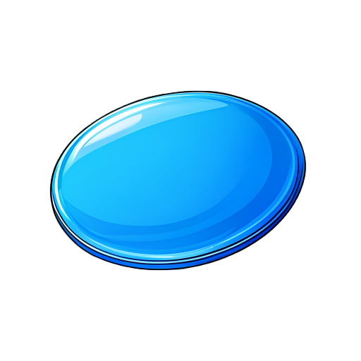 a single flying disc (frisbee), like a flat round plastic plate, from the side, on a white background. it's seen from above at a slight angle. it's smooth, shiny, and bright blue.