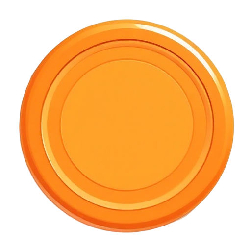 a single flying disc (frisbee), like a flat round plastic plate, on a white background. it's seen from above at a slight angle. it's smooth, shiny, and bright orange. from the side..
