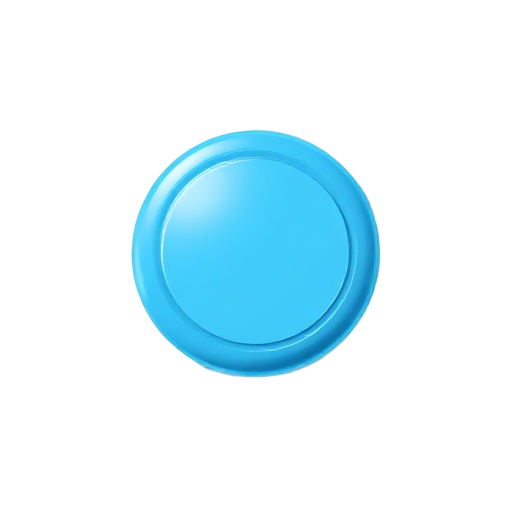 a single flying disc (frisbee), like a flat round plastic plate, on a white background. it's seen from above at a slight angle. it's smooth, shiny, and bright blue.