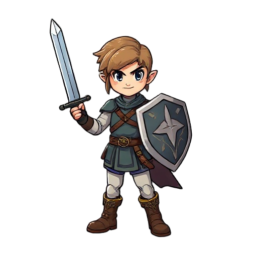 from front side, fighter, having sword on right hand, having shield on left hand