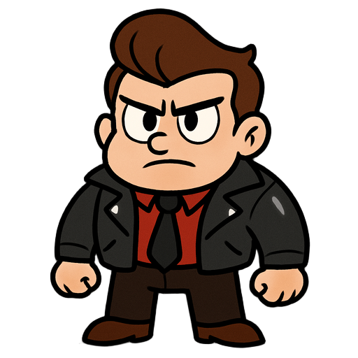 brown haired mafia man with quiff, leather jacket, kick buttowski style drawing