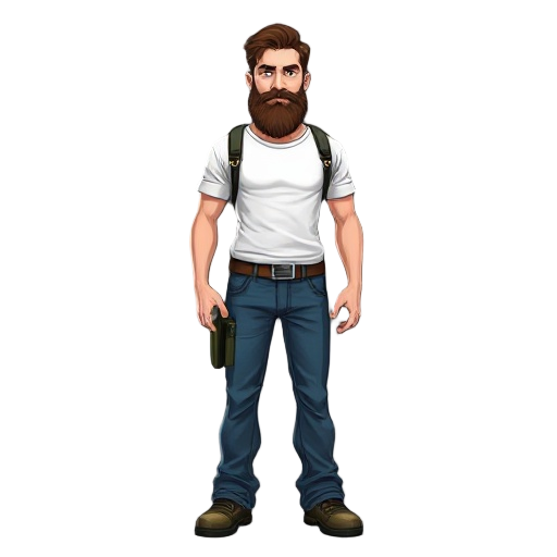 half life 2 citizen with blue jeans and a white tshirt hes white and has a brown beard and brown hair