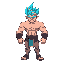  build: he has a muscular and stocky build, suggesting strength and physical prowess.  hair: the character has bright cyan hair and a crown a striking and unusual color combination, styled in a flame