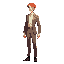 appearance: the character has red hair and fair skin.     clothing and attire: the character is wearing a suit with pants. underneath the suit is what seems to be a collared shirt.