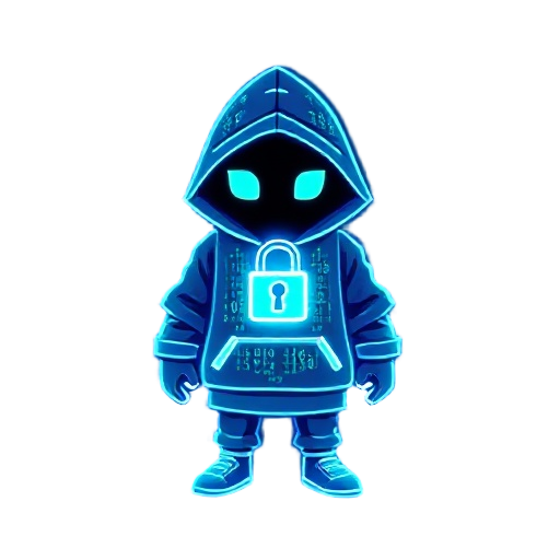 "a pixelated, glowing sprite character with a translucent digital hoodie and a lock symbol on the chest, made of animated code, surrounded by flowing binary numbers, neon blue and green colors, cartoo