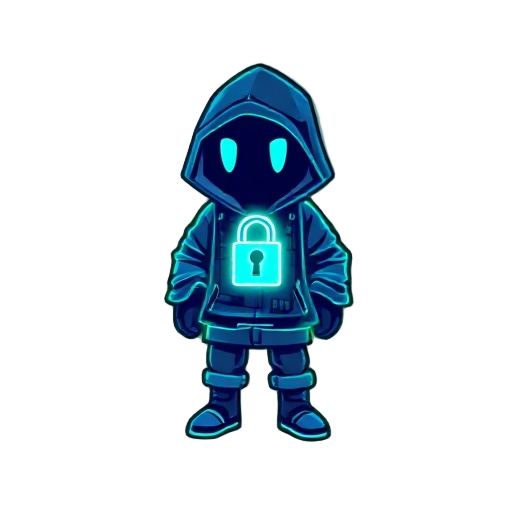  "a pixelated, glowing sprite character with a translucent digital hoodie and a lock symbol on the chest, made of animated code, surrounded by flowing binary numbers, neon blue and green colors, carto