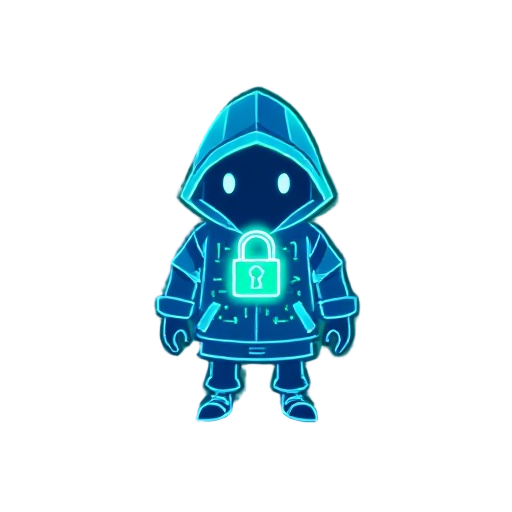  "a pixelated, glowing sprite character with a translucent digital hoodie and a lock symbol on the chest, made of animated code, surrounded by flowing binary numbers, neon blue and green colors, carto