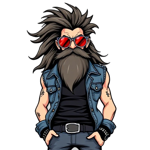 comic-style illustration with bold outlines and dramatic shading. a full-body depiction of an extravagant rocker inspired by classic rock style. he has a long, iconic beard, wild flowing hair, and wears round red-lensed sunglasses. his outfit includes a s