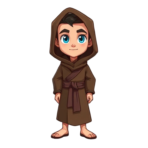 a guy wearing a brown robe, his eyes are glistening blue.