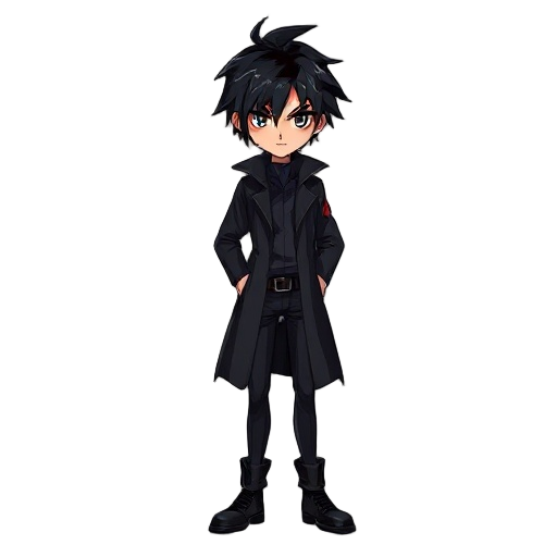 full body character of a mysterious young man with messy black hair and sharp eyes. he wears a long black coat, dark slim pants, and black boots. his style is cool, modern, and dark fantasy inspired. confident and calm pose, hero-type look.