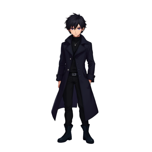 rpg character. male, early 20s. black messy hair, glowing violet eyes, dark long coat, black pants and boots. standing pose, facing forward. shadow aura surrounds him. dark fantasy style, mysterious and powerful look
